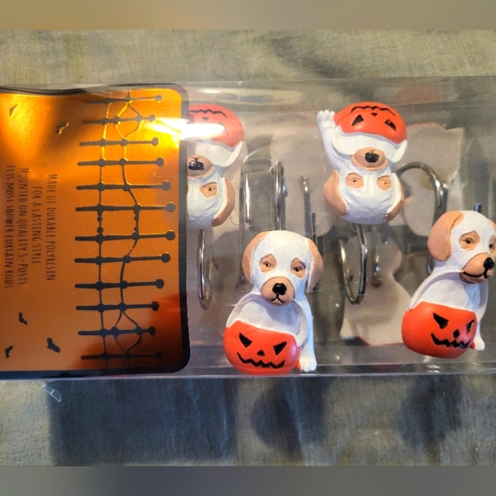 Brand new Halloween decorative shower curtain hooks - ghost dogs with pumpkins
